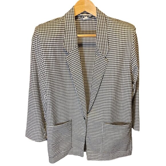 Vintage 80s 90s Kipa Bay Long Black White Single Button Houndstooth Blazer - Picture 1 of 10